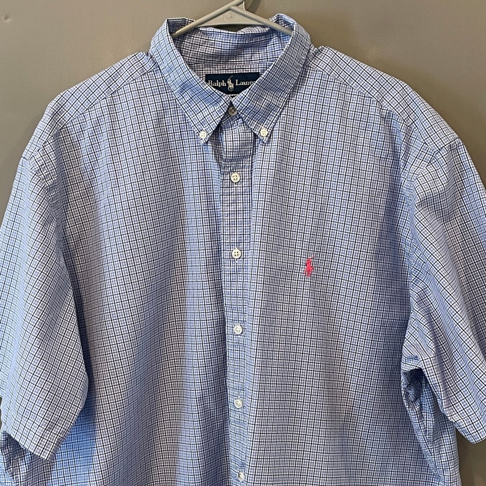 Ralph Lauren Mens XXL Classic Fit Blue Tattersall Check Short Sleeve Button Down